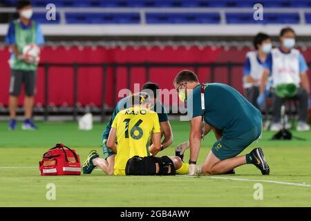 Tokyo, Japan, 2 August, 2021. Hayley Raso of Team Australia goes down injured during the Women's football Semifinal match between Australia and Sweden on Day 10 of the Tokyo 2020 Olympic Games. Credit: Pete Dovgan/Speed Media/Alamy Live News Stock Photo