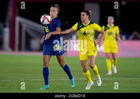 YOKOHAMA, JAPAN - JUNE 15: Filippa Angeldal of Sweden and Chloe Logarzo of Australia during the Tokyo 2020 Olympic Football Tournament Semi Final match between Australia and Sweden at International Stadium Yokohama on June 15, 2015 in Yokohama, Japan (Photo by Pablo Morano/Orange Pictures) Stock Photo