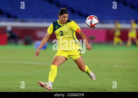 Tokyo, Japan, 2 August, 2021. Sam Kerr of Team Australia watches the ball during the Women's football Semifinal match between Australia and Sweden on Day 10 of the Tokyo 2020 Olympic Games. Credit: Pete Dovgan/Speed Media/Alamy Live News Stock Photo