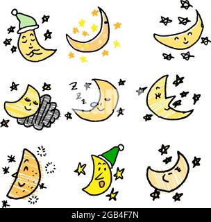 This is a illustration of Cute moon and star scribbles drawn by children Stock Vector