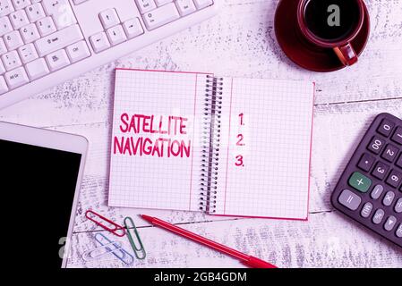 Sign displaying Satellite Navigation. Internet Concept system providing autonomous geospatial positioning Display of Different Color Sticker Notes Stock Photo