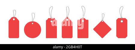 Red paper price tags or gift tags in different shapes. Labels with cord. Stock Vector
