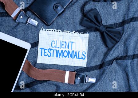 Text caption presenting Client Testimonials. Business overview Written recommendation from a satisfied customer Smartphone Voice And Video Calls Stock Photo