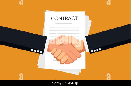 Business man shaking hands firmly for a signed contract with a green check mark. Modern flat style vector. Stock Vector