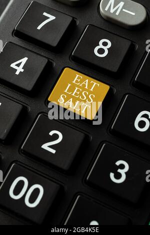 Handwriting text Eat Less Salt. Business overview reducing the sodium intake on the food and beverages Writing Interesting Online Topics, Typing Stock Photo