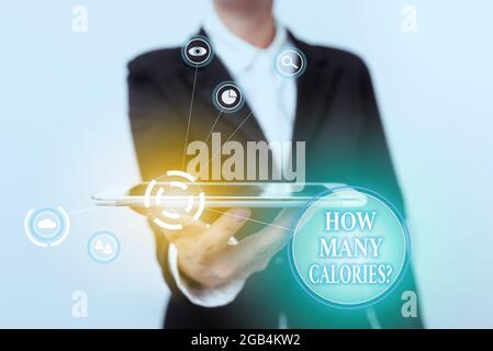 Text caption presenting How Many Calories Question. Business approach asking how much energy our body could get from it Lady In Suit Presenting Mobile Stock Photo