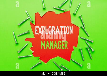 Sign displaying Exploration Manager. Business concept lead and operate the mining company s is exploration Workshop Improvement Ideas Productivity Stock Photo