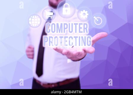 Writing displaying text Computer Protecting. Word for protecting computer against unauthorized intrusions Gentelman Uniform Standing Holding New Stock Photo