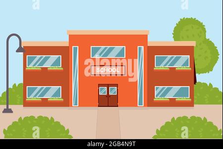 American or European school with trees and bushes.Education of children Stock Vector