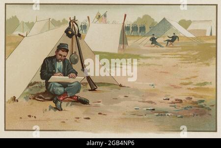 Union soldier making a drawing while sitting in front of tent at army camp by Reed, Charles Wellington, 1841-1926, artist; Harlow, Louis K. (Louis Kinney), 1850-1913, artist Stock Photo