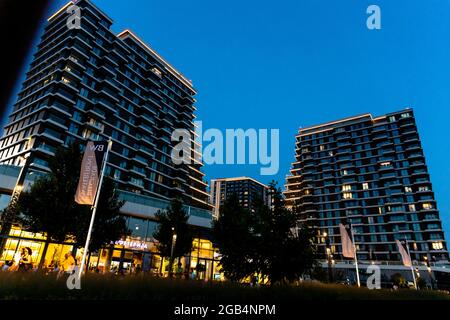 Belgrade, Serbia -  July 27, 2021: Belgrade Waterfront. Luxury residences and business buildings at night in Belgrade, Serbia Stock Photo