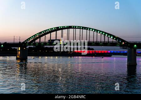 Belgrade, Serbia -  July 27, 2021: View of the Bridge on the Sava river from Belgrade Waterfront at night Stock Photo