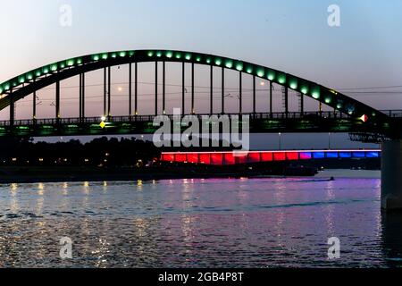 Belgrade, Serbia -  July 27, 2021: View of the Bridge on the Sava river from Belgrade Waterfront at night Stock Photo