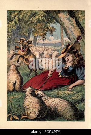 Little Bo-Peep has lost her sheep, / and doesn't know where to find them; / leave them alone, And they'll come home, / wagging (bringing) their tails behind them. //  Little Bo-Peep fell fast asleep, / and dreamt she heard them bleating; / but when she awoke, she found it a joke, /for they were still a-fleeting. Published by George Routledge and Sons in London ; New York in 1865 Stock Photo