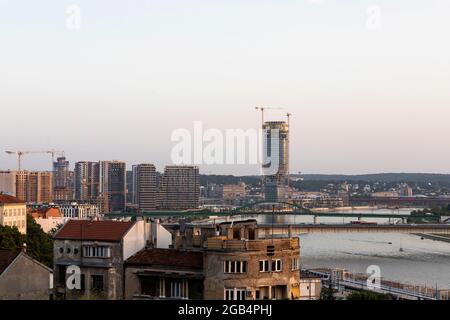 Belgrade, Serbia -  July 27, 2021: View of Belgrade old buildings and Belgrade Waterfront Luxury residences and business buildings ,Bridges on the Sav Stock Photo