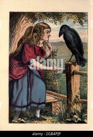 Little Bo-Peep has lost her sheep, / and doesn't know where to find them; / leave them alone, And they'll come home, / wagging (bringing) their tails behind them. //  Little Bo-Peep fell fast asleep, / and dreamt she heard them bleating; / but when she awoke, she found it a joke, /for they were still a-fleeting. Published by George Routledge and Sons in London ; New York in 1865 Stock Photo