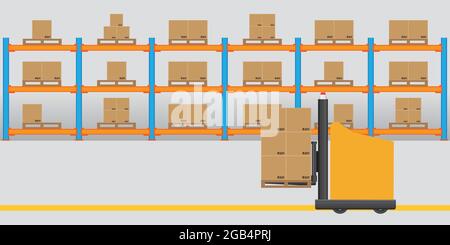 Interior of modern logistic warehouse. AGV Automated Guided Vehicles forklift trucks carrying pallet of goods. Vector and illustration design. Stock Vector