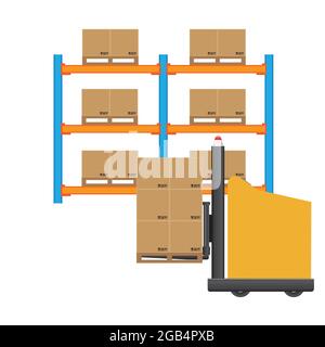 AGV Automated Guided Vehicles forklift trucks transport pallet of goods in modern warehouse. Vector and illustration design. Stock Vector