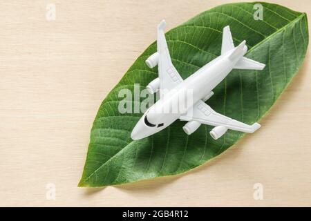 White airplane on fresh green leaves. Net zero carbon freighter flights concept. Sustainable Aviation Fuel Stock Photo