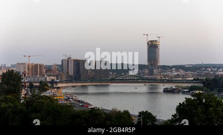 Belgrade, Serbia -  July 27, 2021: View of Belgrade old buildings and Belgrade Waterfront Luxury residences and business buildings ,Bridges on the Sav Stock Photo