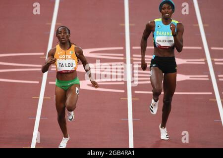 Tokyo, Japon. 02nd Aug, 2021. Marie-Josee Ta Lou (CIV), Shaunae Miller-Uibo (BAH) compete on women's 200m semi-final during the Olympic Games Tokyo 2020, Athletics, on August 2, 2021 at Tokyo Olympic Stadium in Tokyo, Japan - Photo Yoann Cambefort/Marti Media/DPPI Credit: DPPI Media/Alamy Live News Stock Photo