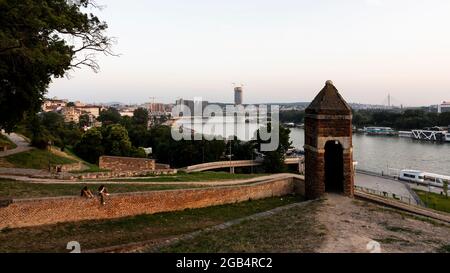 Belgrade, Serbia -  July 27, 2021: Kalemegdan fortress and view of Belgrade Waterfront luxury residences and business buildings in the distance and Sa Stock Photo