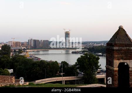 Belgrade, Serbia -  July 27, 2021: View of Belgrade old buildings and Belgrade Waterfront Luxury residences and business buildings ,Bridges on the Sav Stock Photo