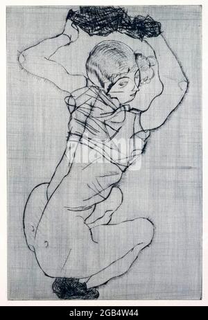 Egon Schiele, Squatting Woman, drypoint drawing, 1914 Stock Photo