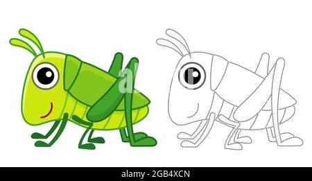 Coloring Insect for children coloring book. Funny grasshopper in a cartoon style. Trace the dots and color the picture Stock Vector