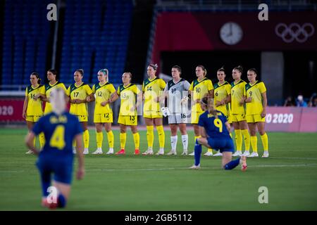 YOKOHAMA, JAPAN - JUNE 15: Hayley Raso of Australia, Sam Kerr of Australia, Kyah Simon of Australia, Ellie Carpenter of Australia, Tameka Yallop of Australia, Alanna Kennedy of Australia, Teagan Micah of Australia, Emily van Egmond of Australia, Chloe Logarzo of Australia, Stephanie Catley of Australia and Caitlin Foord of Australia line up during the Tokyo 2020 Olympic Football Tournament Semi Final match between Australia and Sweden at International Stadium Yokohama on June 15, 2015 in Yokohama, Japan (Photo by Pablo Morano/Orange Pictures) Stock Photo