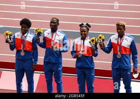 Dominican Republic Team Silver Medal during the Olympic Games Tokyo 2020, Athletics Mixed 4x400m Relay Medal Ceremony on August 1, 2021 at Olympic Stadium in Tokyo, Japan - Photo Yuya Nagase / Photo Kishimoto / DPPI Stock Photo