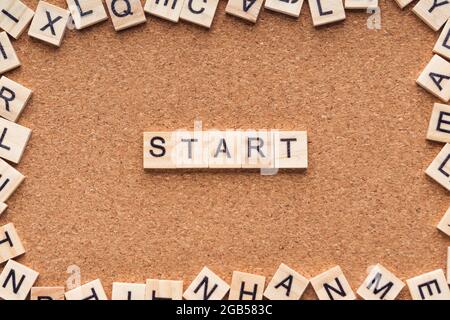 START word written on wood block. START text on wooden table. Business Concept Stock Photo