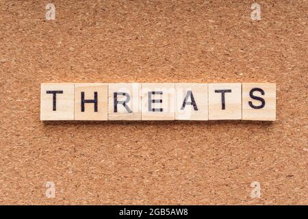 THREATS word written on wood block. THREATS text on wooden table. Business  Covid- 19 Concept Stock Photo