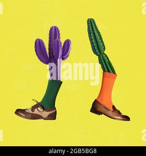Modern art collage. Two colored cactus wearing different shoes over yellow background. Concept of saving nature. Stock Photo