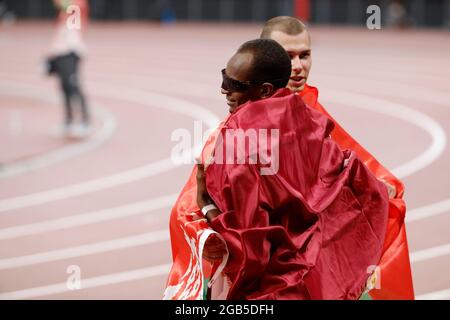 August 1, 2021, Tokyo, Kanto, Japan: Mutaz Essa Barshim (QAT) reacts after winning gold in the men's high jump during the Tokyo 2020 Olympic Summer Games at Olympic Stadium. (Credit Image: © David McIntyre/ZUMA Press Wire) Stock Photo