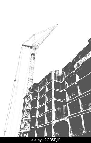 Black and white print of a multi-storey residential building under construction and a construction crane on a white background Stock Photo