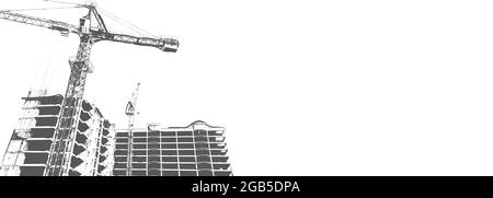 Black and white print of a multi-storey residential building under construction and a construction crane on a white background Stock Photo