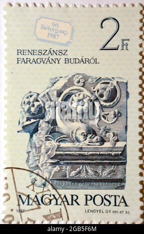 A Postage stamp printed in Hungary shows masonry of the medieval Budapest castle from Stamp Day series, circa 1987, value 2Ft, old Hungarian stamp Mag Stock Photo