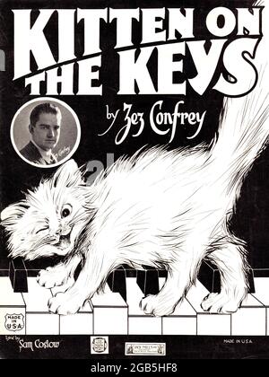 Kitten on the Keys, 1922 Novelty Song  sheet music by Zez Confrey. This famous cartoon like drawing af a cat or kitten walking on a piano keyboard. Stock Photo