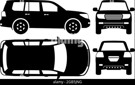 Off road truck silhouette on white background. Vehicle icons set view from side, front, back, and top Stock Vector