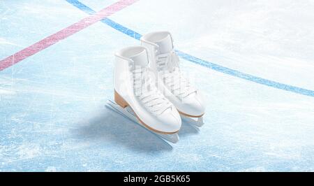 Blank ice rink skates surface with background mockup, top view, 3d rendering. Empty winter-sports arena with boots for figure skating mock up. Clear l Stock Photo