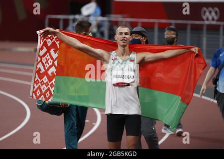Tokyo, Japan. 01st Aug, 2021. NEDASEKAU Maksim (BLR) Bronze Medal during the Olympic Games Tokyo 2020, Athletics Men's High Jump Final on August 1, 2021 at Olympic Stadium in Tokyo, Japan - Photo Yuya Nagase/Photo Kishimoto/DPPI Credit: Independent Photo Agency/Alamy Live News Stock Photo