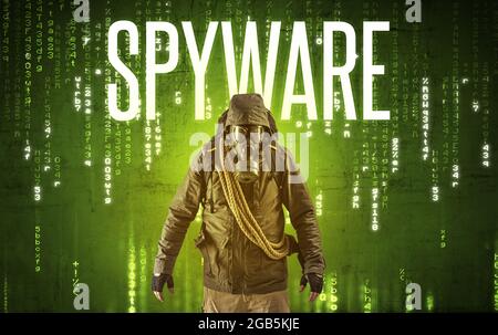 Faceless hacker with inscription Stock Photo