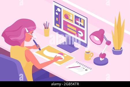 Isometric girl designer working with graphic tablet vector illustration. Cartoon 3d young woman character sitting at home or office table to work on computer, creative drawing process background Stock Vector