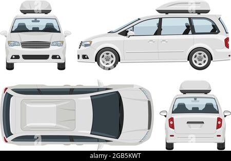 White minivan vector template with simple colors without gradients and effects. View from side, front, back, and top Stock Vector