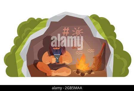 Stone age primitive man holding mobile phone modern technology vector illustration. Cartoon wild prehistoric caveman character sitting in cave with telephone, progress evolution isolated on white Stock Vector
