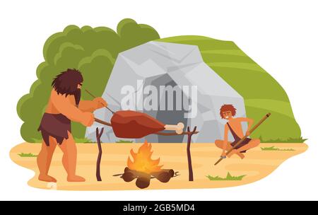 Primitive neanderthal people cooking food near cave vector illustration. Cartoon prehistoric stone age scene with caveman tribe group of characters sitting by fire to cook meat isolated on white Stock Vector