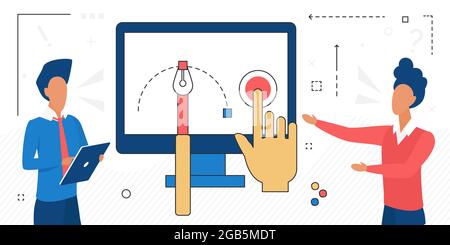 Business people teamwork and finger touching screen, virtual team workflow vector illustration. Cartoon man characters working, standing with tablet touchscreen thin line icons isolated on white Stock Vector