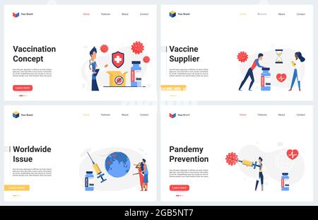 Vaccination against corona virus, prevention measure to protect health immunity, world immunization vector illustration. Cartoon modern concept landing page set with medical worker and vaccine syringe Stock Vector