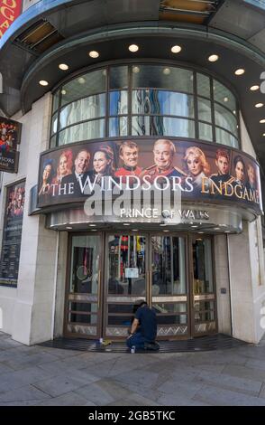 London, UK. 2nd Aug, 2021. Entrance door to the Prince of Wales Theatre in Coventry Street, showing The Windsors Endgame, is polished. The Channel Four royal spoof, live on stage, runs from 2 August - 9 October. Credit: Malcolm Park/Alamy Live News Stock Photo